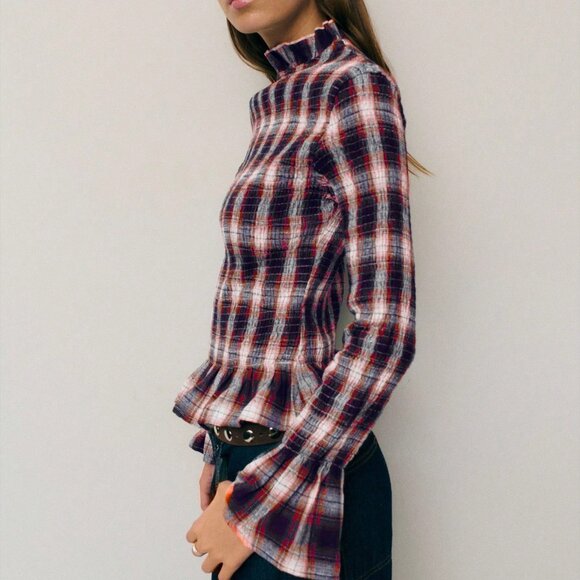 Red Casual Women's Plaid Corset Top with Mock Neckline and Ruffle Trim - Picture 5 of 8